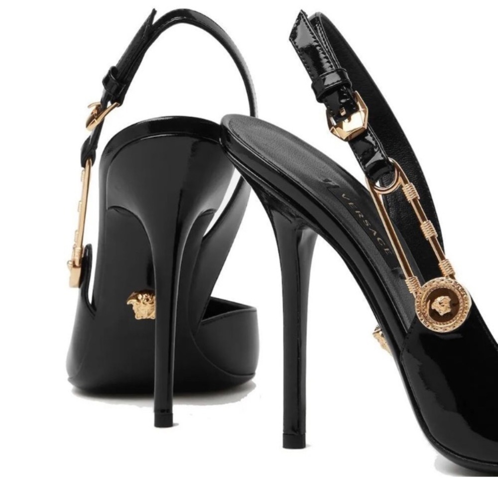 Versace Safety Pin Medusa Patent Leather Slingback Pumps Black Gold 36